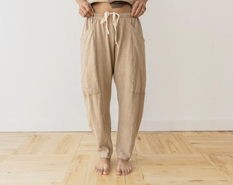 Hemp Lounge Pant, Genderless Clothing, Plant dyed Sweat Pants, Tan Pocket Pants