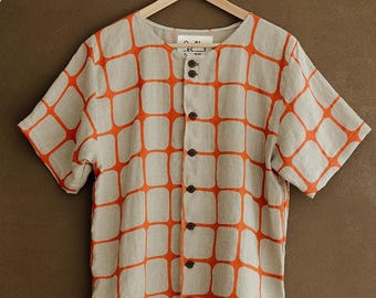 Hemp Button-down Shirt, Orange Grid Print Top, Natural woven Short Sleeve