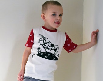 T-Shirt, Screen Printed, Organic Cotton Clothing, Unisex Toddler Shirt, Ferdinand the Bull, Red Flowers, Natural, Red, Boys Clothing, Girls