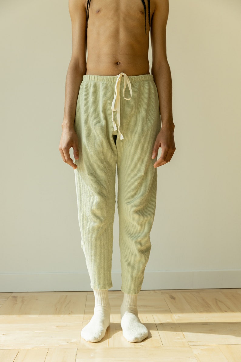 Ribbed Lounge Pant, Organic Hemp & Cotton Elastic Tie Pants, Genderless Clothing, Light Blue Green image 7