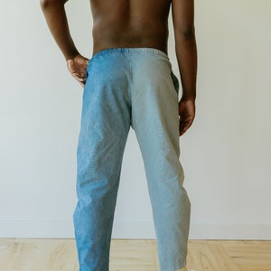 Hemp Linen Pants, Color-Block Blue Trousers, Organic Elastic Tie Pant, Indigo Tapered Leg Slacks image 5