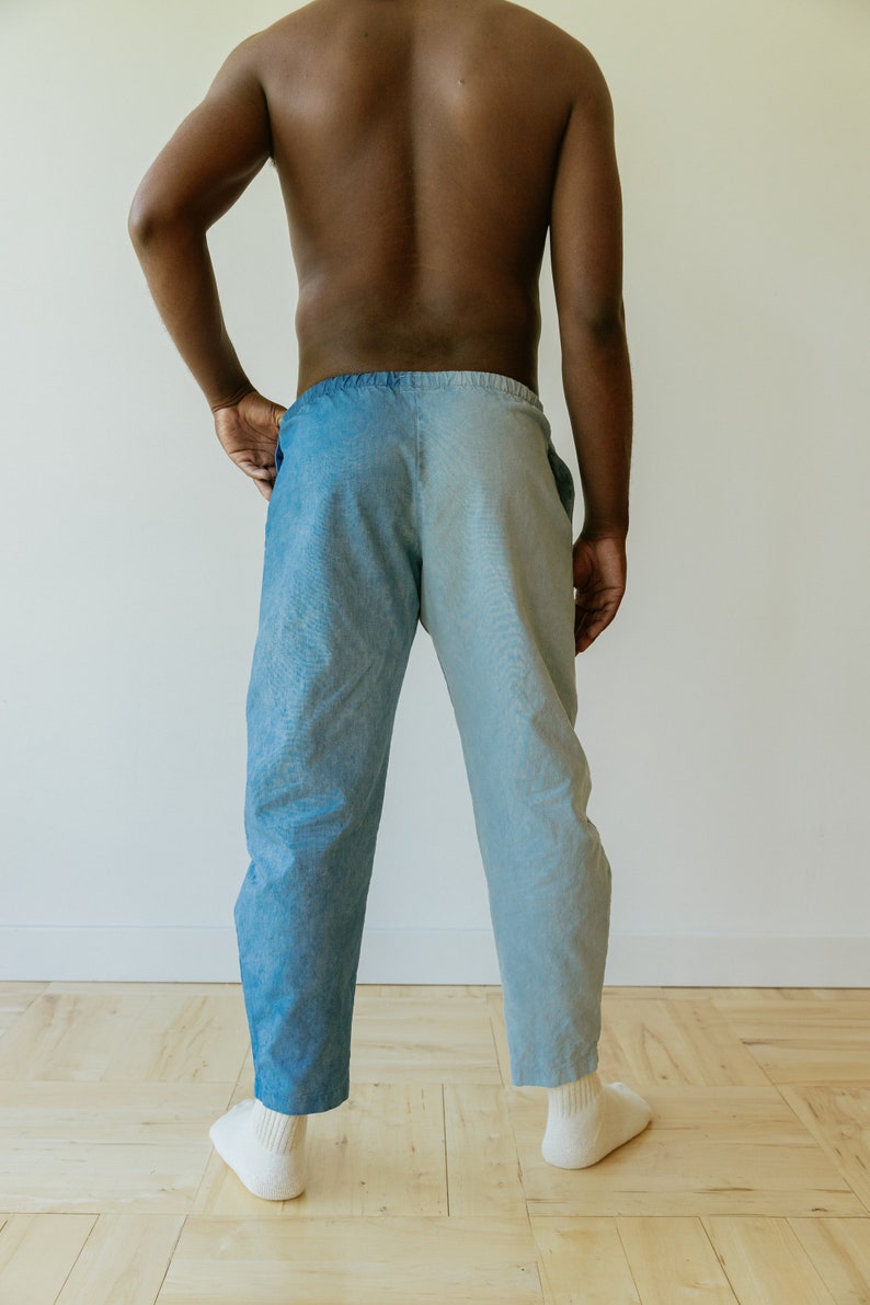 Hemp Linen Pants, Color-Block Blue Trousers, Organic Elastic Tie Pant, Indigo Tapered Leg Slacks image 5