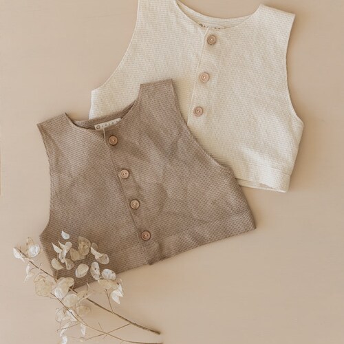 Shops Organic Waffle Vest, Crop Top Button Shirt, Brown Woven Cotton Tank