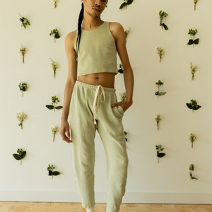 Ribbed Lounge Pant, Organic Hemp & Cotton Elastic Tie Pants, Genderless Clothing, Light Blue Green image 8