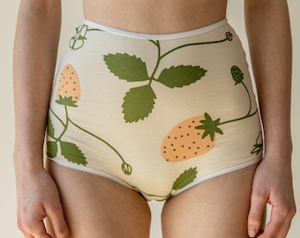 Strawberry Print Underwear, Botanical Graphic Panties, Organic Cotton Lingerie