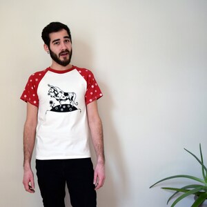 Ferdinand T-Shirt, Organic Cotton Ferdinand the Bull Shirt, Raglan Unisex Tee, Red and White Floral Print image 2