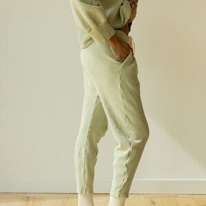 Ribbed Lounge Pant, Organic Hemp & Cotton Elastic Tie Pants, Genderless Clothing, Light Blue Green image 3