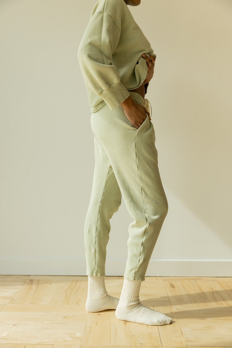 Ribbed Lounge Pant, Organic Hemp & Cotton Elastic Tie Pants, Genderless Clothing, Light Blue Green image 3