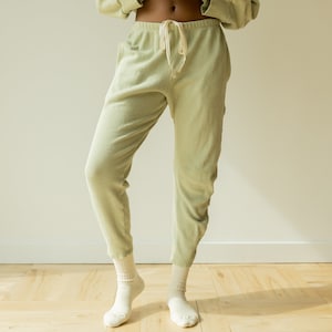 Ribbed Lounge Pant, Organic Hemp & Cotton Elastic Tie Pants, Genderless Clothing, Light Blue Green image 1
