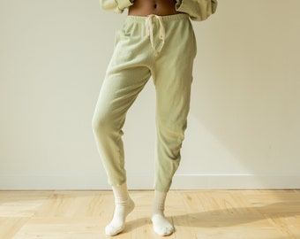 Ribbed Lounge Pant, Organic Hemp & Cotton Elastic Tie Pants, Genderless Clothing, Light Blue Green