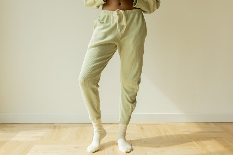 Ribbed Lounge Pant, Organic Hemp & Cotton Elastic Tie Pants, Genderless Clothing, Light Blue Green image 1