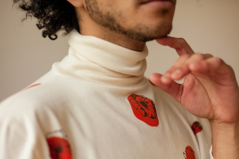 Organic Turtleneck, Long Sleeve Unisex Shirt, Mens & Womens Pullover, Cotton Clothing, Poppy Print, Floral Shirt, Oversized Sleeve Shirt image 6