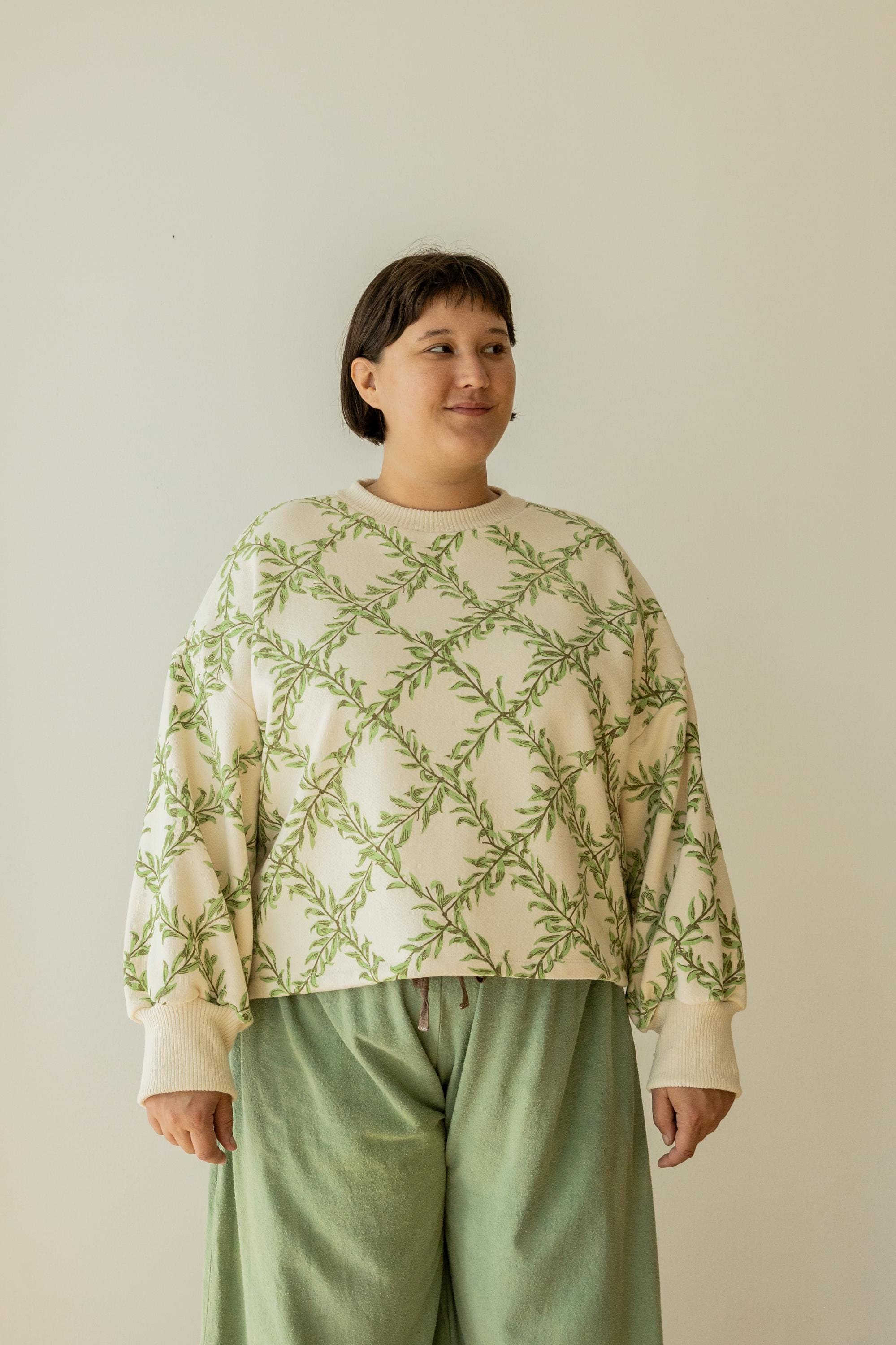 Plant Print Sweatshirt, Organic Cotton, Oversized Willow Crewneck