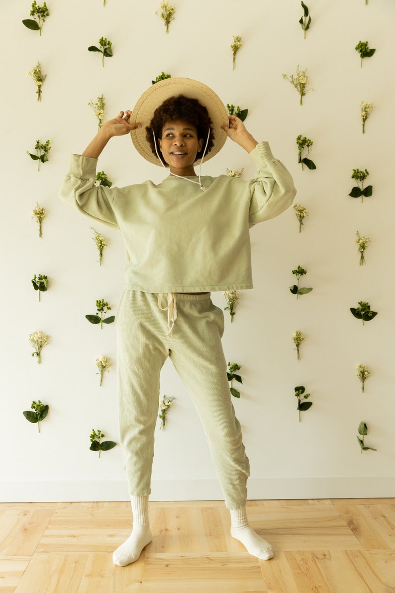 Ribbed Lounge Pant, Organic Hemp & Cotton Elastic Tie Pants, Genderless Clothing, Light Blue Green image 2