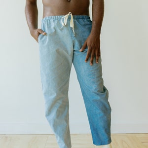 Hemp Linen Pants, Color-Block Blue Trousers, Organic Elastic Tie Pant, Indigo Tapered Leg Slacks image 3