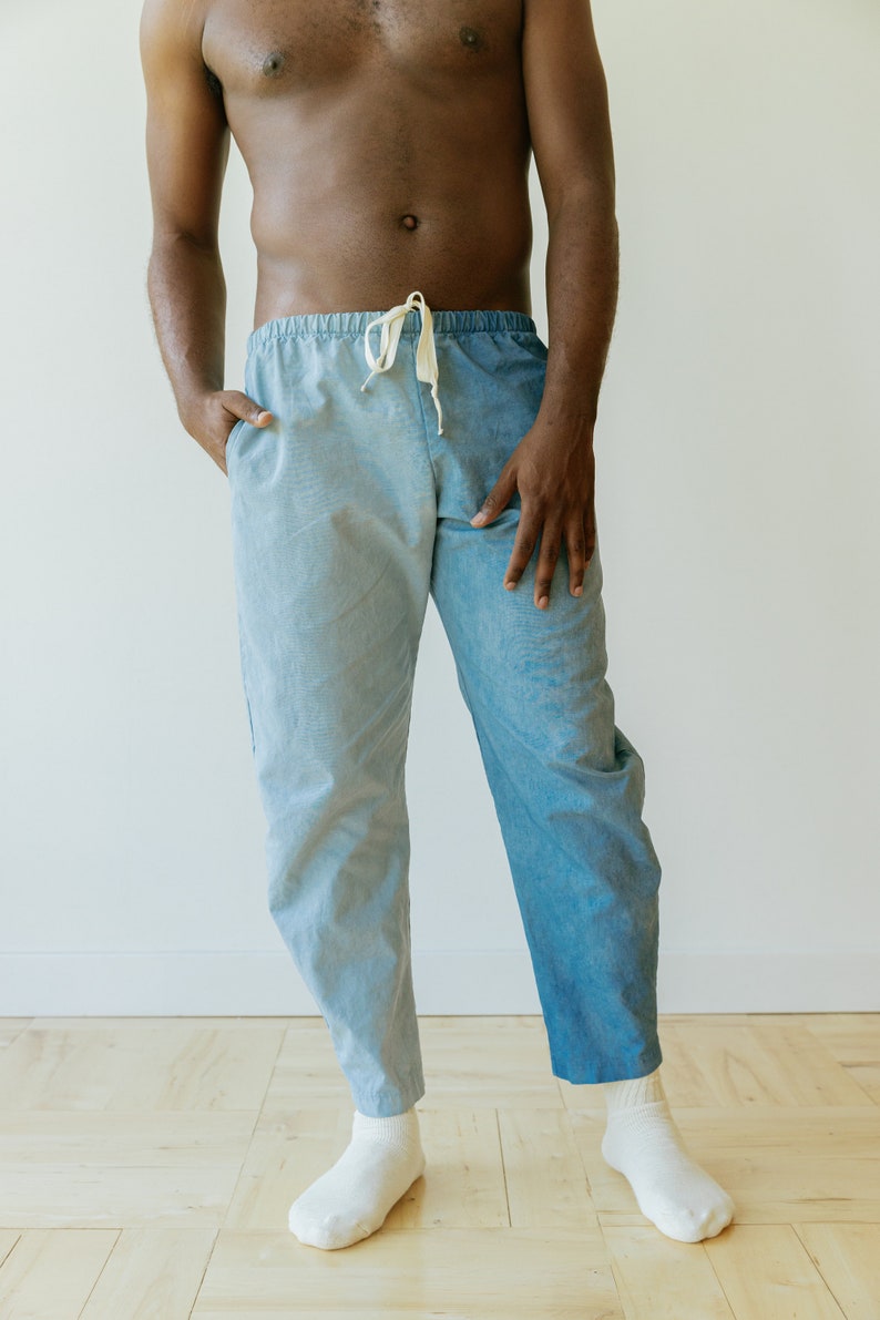 Hemp Linen Pants, Color-Block Blue Trousers, Organic Elastic Tie Pant, Indigo Tapered Leg Slacks image 3