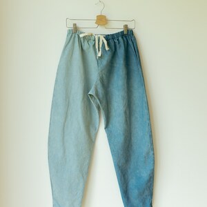 Hemp Linen Pants, Color-Block Blue Trousers, Organic Elastic Tie Pant, Indigo Tapered Leg Slacks image 2