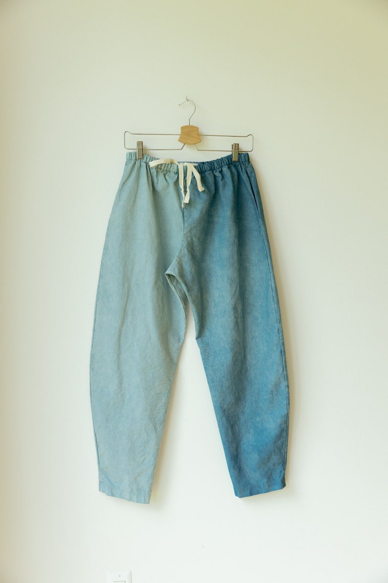 Hemp Linen Pants, Color-Block Blue Trousers, Organic Elastic Tie Pant, Indigo Tapered Leg Slacks image 2