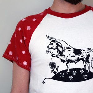 Ferdinand T-Shirt, Organic Cotton Ferdinand the Bull Shirt, Raglan Unisex Tee, Red and White Floral Print image 4