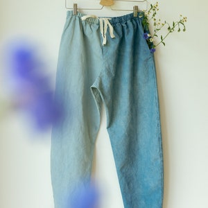 Hemp Linen Pants, Color-Block Blue Trousers, Organic Elastic Tie Pant, Indigo Tapered Leg Slacks image 9