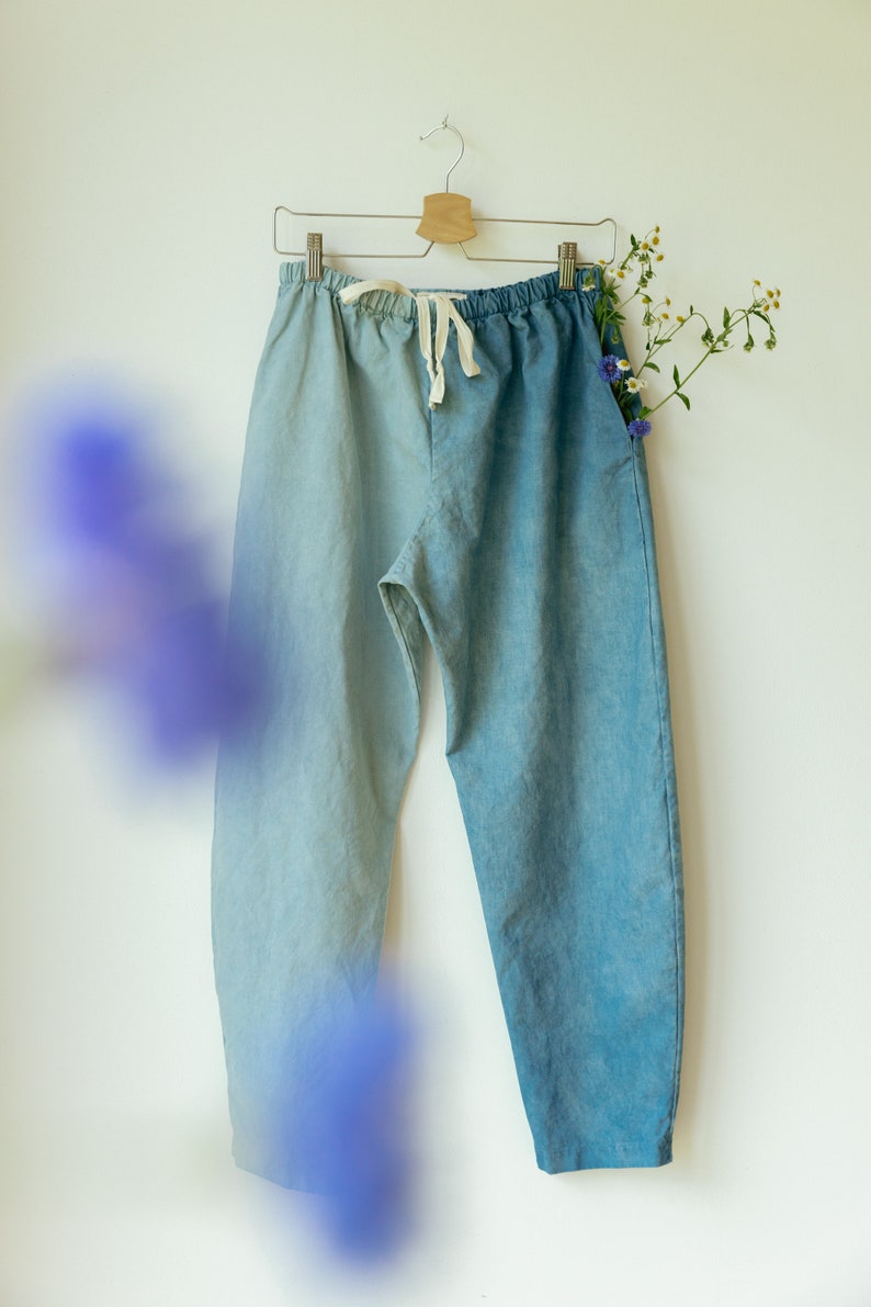 Hemp Linen Pants, Color-Block Blue Trousers, Organic Elastic Tie Pant, Indigo Tapered Leg Slacks image 9