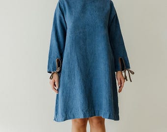 Indigo Hemp Dress, Botanically Dyed Dress with Pockets and Ties