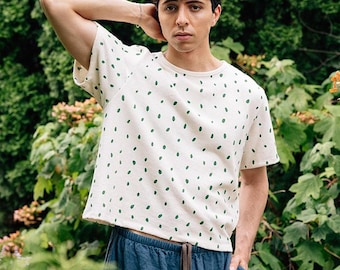 Hemp Box Tee, Natural Cream Shirt, Green Polka-Dot Print, Hemp & Cotton Blend T-Shirt