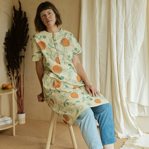 Organic Oranges Dress, Button Front Dress, Citrus Print Hemp Linen Tunic with pockets image 5