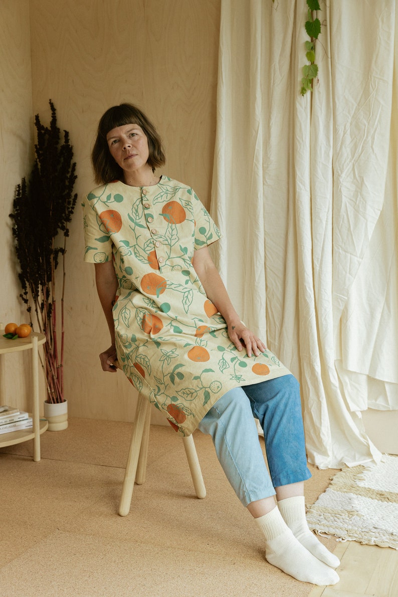 Organic Oranges Dress, Button Front Dress, Citrus Print Hemp Linen Tunic with pockets image 5