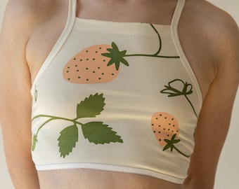 Organic Cotton Bra, Strawberry Print Bralette, Eco Lingerie