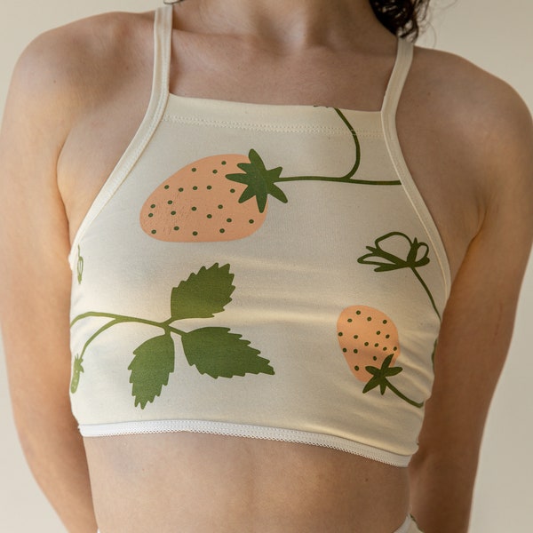 Soutien-gorge en coton bio, brassière imprimé fraises, lingerie écologique