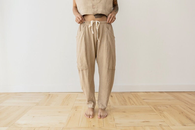 Hemp Lounge Pant, Genderless Clothing, Plant dyed Sweat Pants, Tan Pocket Pants image 1