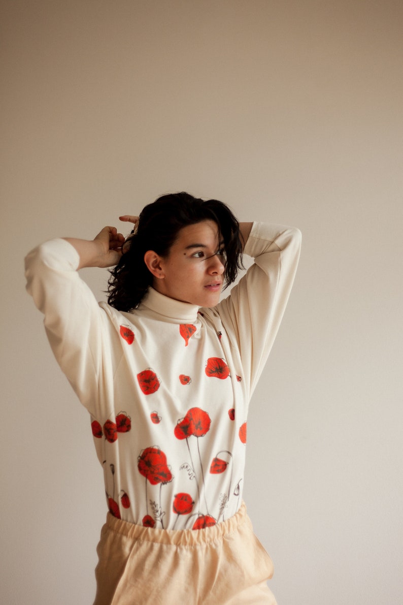 Organic Turtleneck, Long Sleeve Unisex Shirt, Mens & Womens Pullover, Cotton Clothing, Poppy Print, Floral Shirt, Oversized Sleeve Shirt image 2