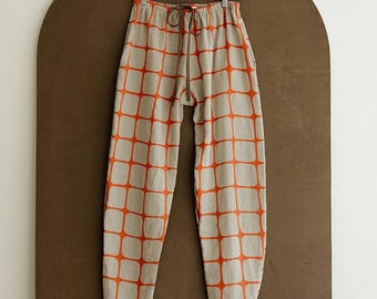 Hemp Linen Pants, Orange Grid Print Trouser, Elastic Tie Pant, Barrel Pant