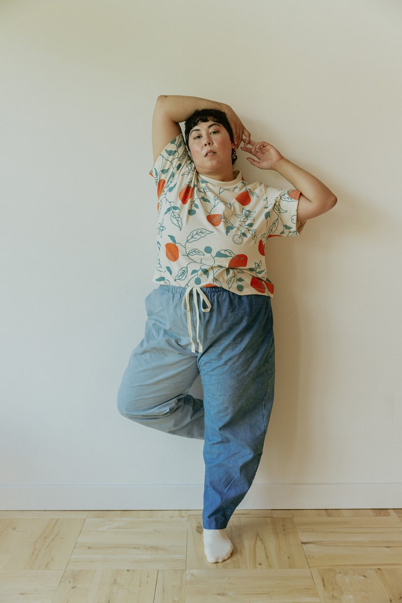 Hemp Linen Pants, Color-Block Blue Trousers, Organic Elastic Tie Pant, Indigo Tapered Leg Slacks image 10