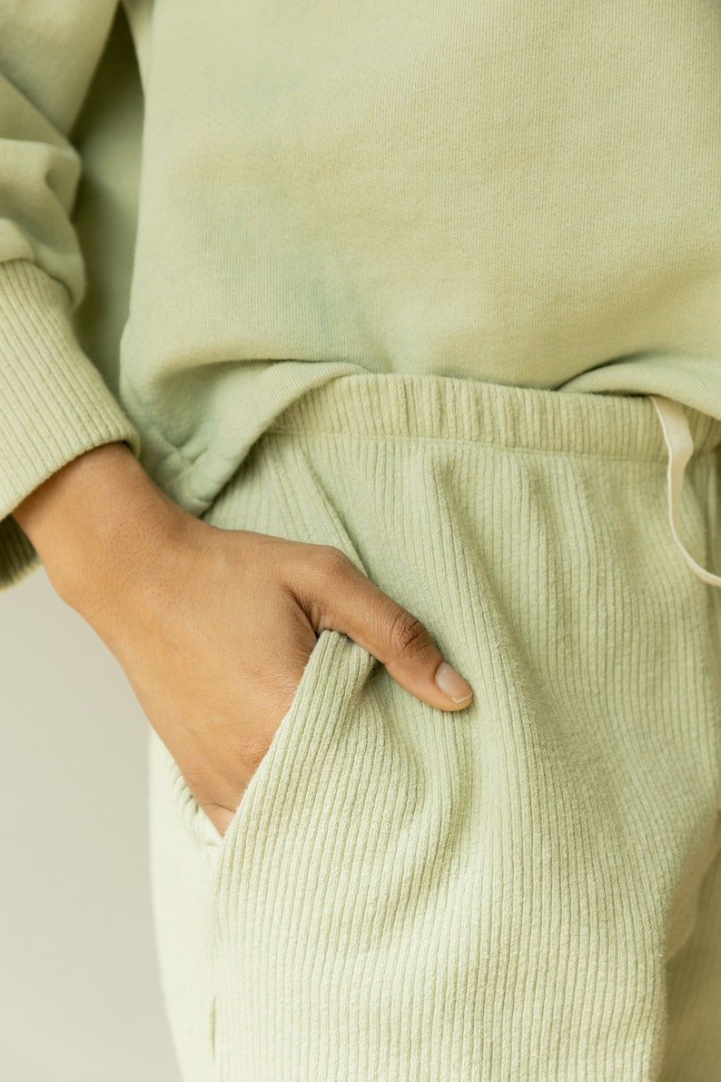 Ribbed Lounge Pant, Organic Hemp & Cotton Elastic Tie Pants, Genderless Clothing, Light Blue Green image 4