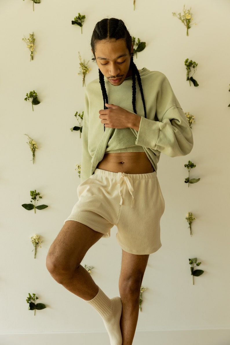 Ribbed Hemp Short, Organic Genderless Clothing, Plant dyed Pocket Shorts, Natural Tie Pant image 1