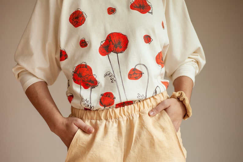 Organic Turtleneck, Long Sleeve Unisex Shirt, Mens & Womens Pullover, Cotton Clothing, Poppy Print, Floral Shirt, Oversized Sleeve Shirt image 9