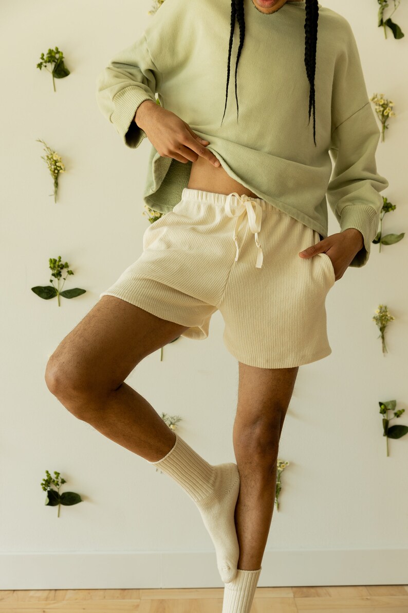 Ribbed Hemp Short, Organic Genderless Clothing, Plant dyed Pocket Shorts, Natural Tie Pant image 2
