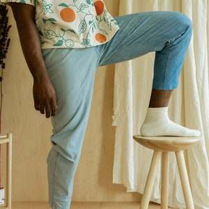 Hemp Linen Pants, Color-Block Blue Trousers, Organic Elastic Tie Pant, Indigo Tapered Leg Slacks image 7