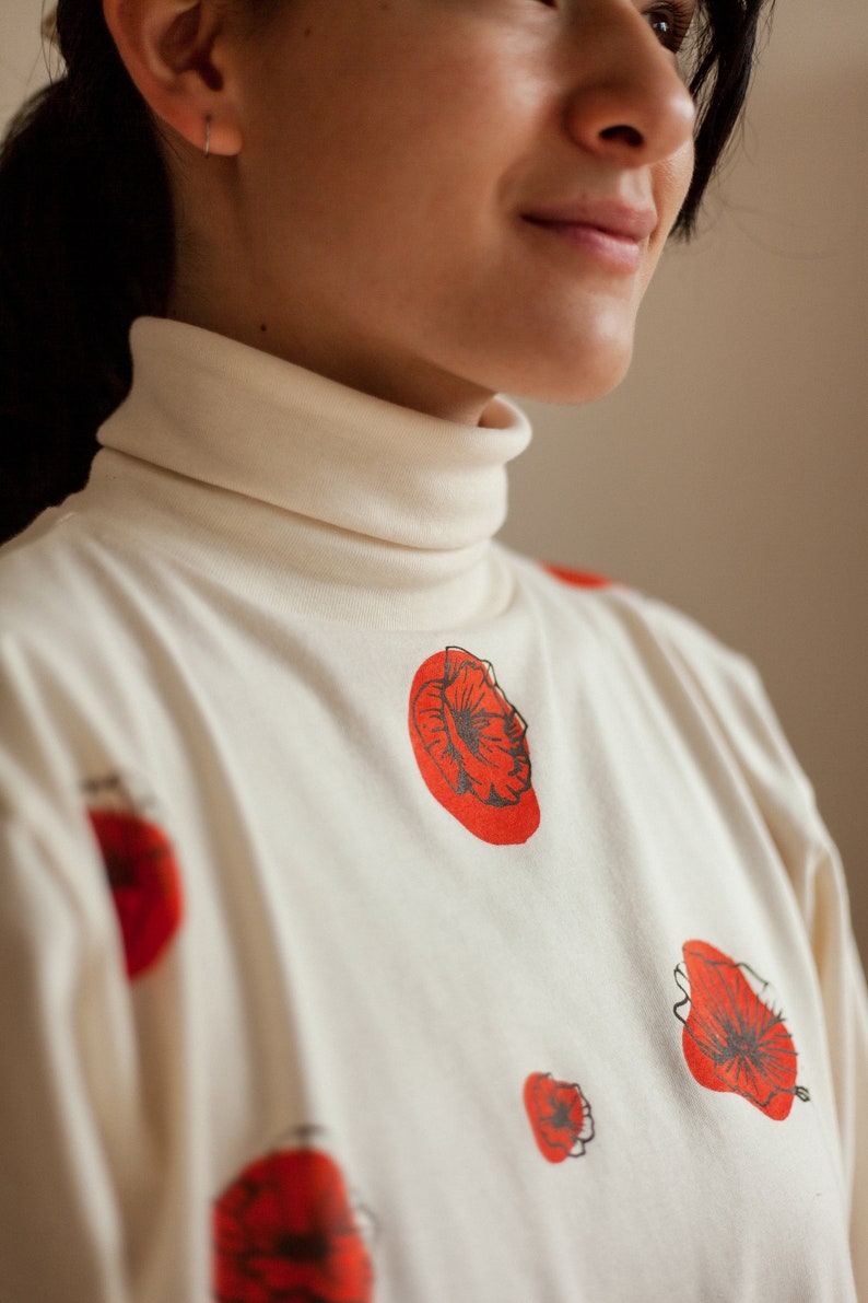 Organic Turtleneck, Long Sleeve Unisex Shirt, Mens & Womens Pullover, Cotton Clothing, Poppy Print, Floral Shirt, Oversized Sleeve Shirt image 3