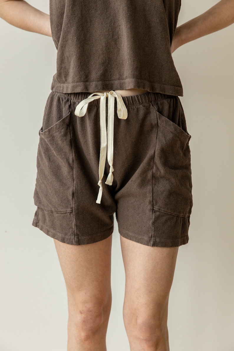 Hemp Lounge Short, Genderless Clothing, Plant dyed Pocket Shorts, Dark Brown Tie Pants image 1