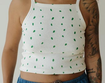 Organic Crop Tank, Cotton & Hemp Blend, Green Dot Ribbed Tank Top