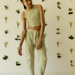 Ribbed Lounge Pant, Organic Hemp & Cotton Elastic Tie Pants, Genderless Clothing, Light Blue Green image 9