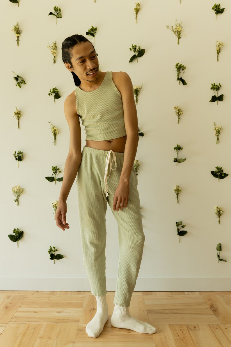 Ribbed Lounge Pant, Organic Hemp & Cotton Elastic Tie Pants, Genderless Clothing, Light Blue Green image 9