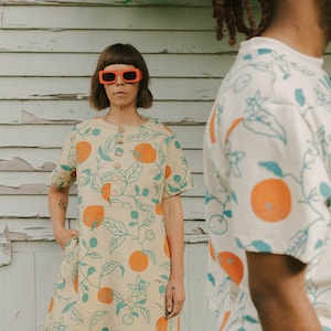 Organic Oranges Dress, Button Front Dress, Citrus Print Hemp Linen Tunic with pockets image 2