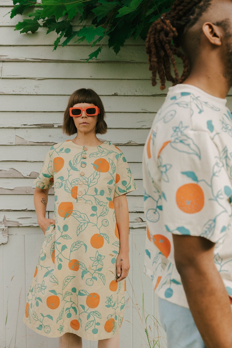 Organic Oranges Dress, Button Front Dress, Citrus Print Hemp Linen Tunic with pockets image 2