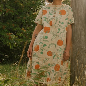 Organic Oranges Dress, Button Front Dress, Citrus Print Hemp Linen Tunic with pockets image 9