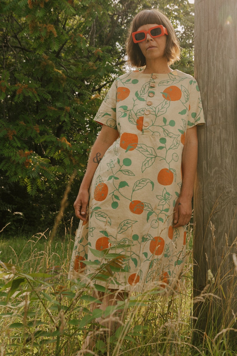 Organic Oranges Dress, Button Front Dress, Citrus Print Hemp Linen Tunic with pockets image 9
