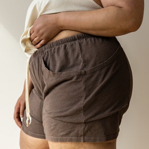 Hemp Lounge Short, Genderless Clothing, Plant dyed Pocket Shorts, Dark Brown Tie Pants image 7